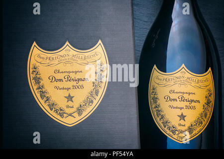 Tambov, Russian Federation - August 16, 2018 Close-up of Bottle of Champagne Dom Perignon Vintage 2005 near black box with label. Studio shot. Stock Photo