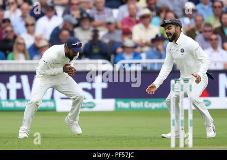 India's Lokesh Rahul (left) catches out England's Ben Stokes as teammate Virat Kohli looks on during day two of the Specsavers Third Test match at Trent Bridge, Nottingham. Stock Photo