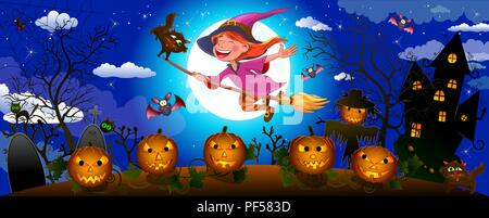 Night on Halloween. A little witch flies on a broom.  Joyful little witch flying on a broomstick in the night sky, against the backdrop of a castle, a Stock Vector