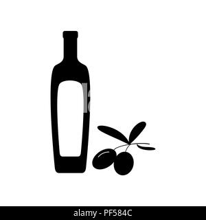 Black olives branch with olive oil bottle sign. Vector. Filled black icon at white background. Isolated. Stock Vector