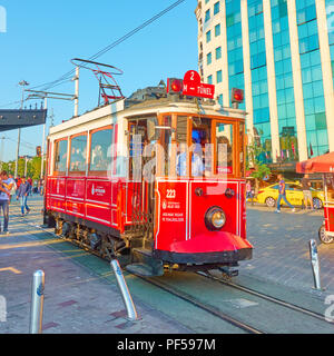 Istanbul, Turkey - July 17, 2018: Retro tram at Taksim stop in Istanbul Stock Photo