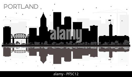 Portland Oregon City skyline black and white silhouette with Reflections. Vector illustration. Simple flat concept for tourism presentation, banner, p Stock Vector