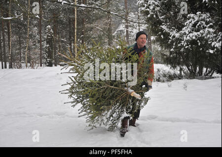 Mann trägt Weihnachtsbaum im Schnee | man carries Christmas tree home, walking through deep snow Stock Photo