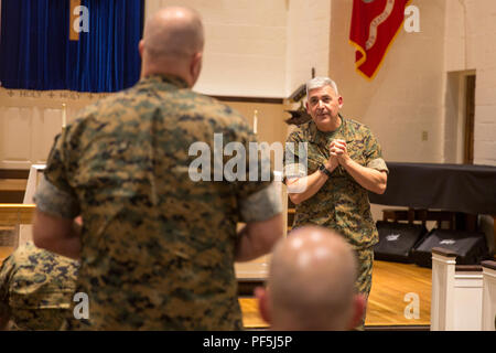 Rear Adm. Gregory Todd, the current Chaplain of the Marine Corps, Deputy Chief of Chaplains, Deputy Director of religious Ministries takes questions during a visit to Marine Corps Base Camp Lejeune, Aug. 9, 2018.  Todd assumed his current duties as the 20th Chaplain of the Marine Corps in June 2018. (U.S. Marine Corps photo by Lance Cpl. Nathan Reyes) Stock Photo