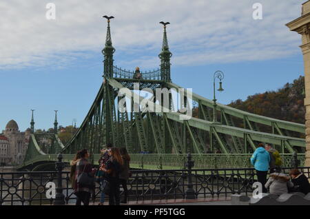 Liberty bridge (Szabadság híd), Budapest, 1896, designed by János Feketeházy in Art Nouveau style. It´s a cantilever bridge with suspended middle span Stock Photo