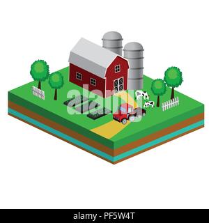 Isometric Red Barn And Trees cows vector illustration Stock Vector