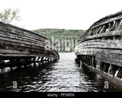Abandoned derelict boats, Loch Head, Loch Ness, Scotland, UK Stock Photo