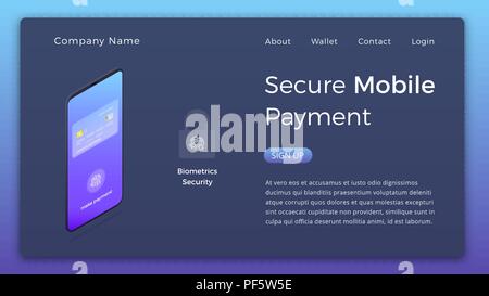 Mobile payment isometric illustration. Smartphone device with secure authentication payment transaction ui. Online banking page design. Stock Vector