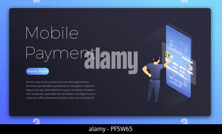 Mobile payment. Isometric illustration of man choosing card for online payment. Online payment concept page design. Stock Vector