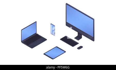 Computer, desktop, laptop , smarthope and tablet device in a set. Isometric computers isolated. Stock Vector