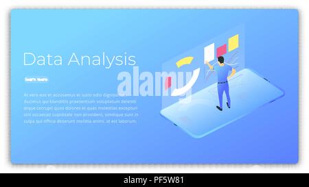Data analysis. Isometric illustration of man analyzing and managing data. Data processing futuristic technology. Stock Vector