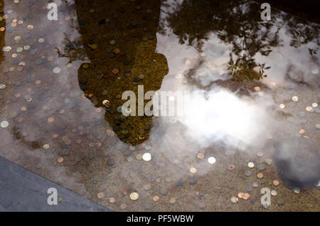 Throwing coins in a pool/pond and making a wish (hopefully come true). Stock Photo