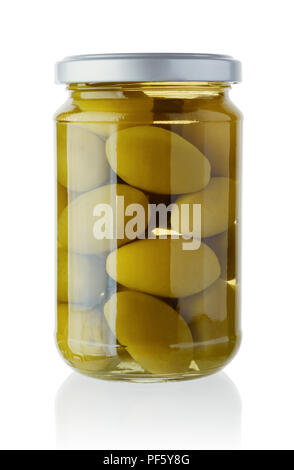 Green olives in a glass jar isolated on white backgroun Stock Photo