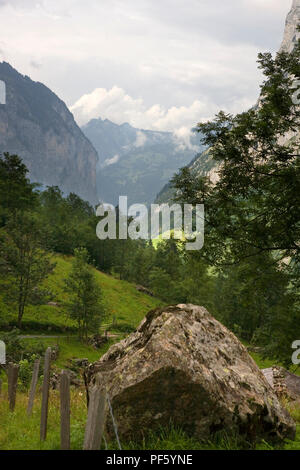 Looking down the spectacular upper Lauterbrunnen valley from Trachsellauenen, Bernese Oberland, Switzerland Stock Photo