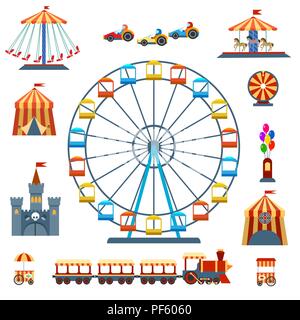Amusement park isolated entertainments. Wheels rides and amusement ferry, carnival tent and kids recreation isolated on white, vector illustration Stock Vector