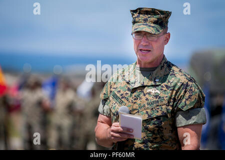 U.S. Marine Corps Lt. Col. Bradley Ledbetter, commanding officer, 1st Marine Raider Support Battalion (1st MRSB), Marine Corps Forces Special Operations Command (MARSOC), gives a speech during 1st MRSB’s relief and appointment ceremony at the battalion’s compound at Marine Corps Base Camp Pendleton, California, Aug. 14, 2018. The passing of the sword signified the transfer of leadership and responsibility from one sergeant major to another. (U.S. Marine Corps photo by Lance Cpl. Betzabeth Y. Galvan) Stock Photo