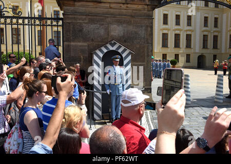 Crowds of tourists watching Changing of the Guard ceremony at Prague Castle, Czech Republic. Stock Photo