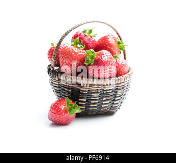 Strawberry  plant with berries in small basket isolated on white Stock Photo