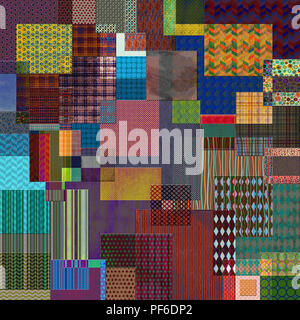 Overlapping squares of various shapes, colors and patterns make for a patchwork of design. Stock Photo