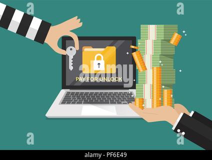 Businessman hand holding banknote for paying the key from hacker for unlock laptop got ransomware malware virus computer. Vector illustration Stock Vector
