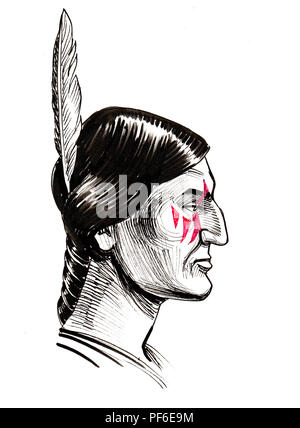 Indian warrior. Ink black and white drawing Stock Photo