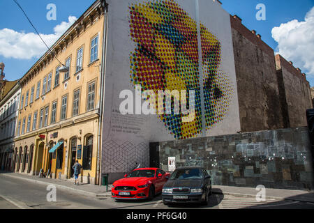 Budapest, Hungary. 14th August, 2018. The Rubik's Cube mural by Neopaint in Dob Street pays tribute to the art piece by Hungarian inventor and archite Stock Photo
