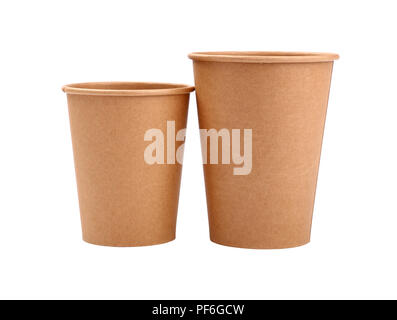 Close up group of two empty brown paper parchment coffee to go cups, big and small,  isolated on white background, low angle side view Stock Photo