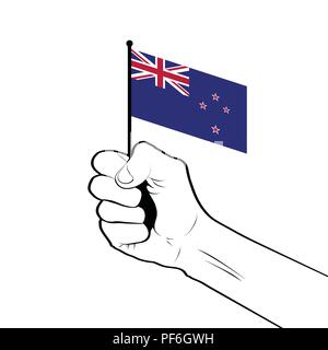 Clenched fist raised in the air holding the national flag of New Zealand Stock Vector