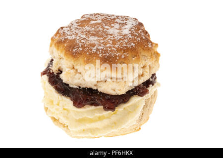 Fresh scone with whipped cream and strawberry jam - white background Stock Photo