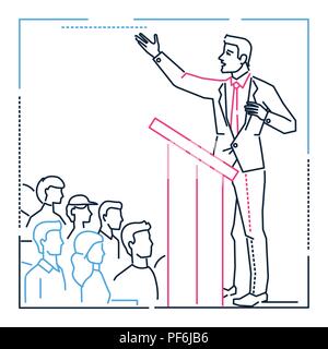 Businessman speaking from a platform - line design style illustration Stock Vector