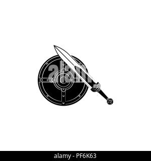 Round shield and sword icon black on white background Stock Vector