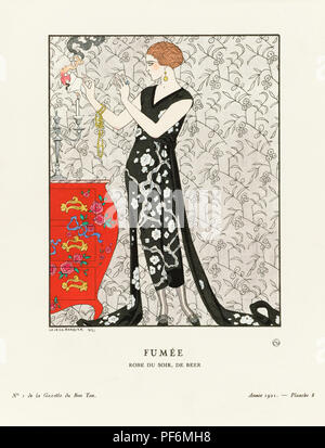 Fumée.  Smoke.  Robe du Soir, De Beer.  Evening dress by Gustav Beer.  Art-deco fashion illustration by French artist George Barbier, 1882-1932.  The work was created for the Gazette du Bon Ton, a Parisian fashion magazine published between 1912-1915 and 1919-1925. Stock Photo