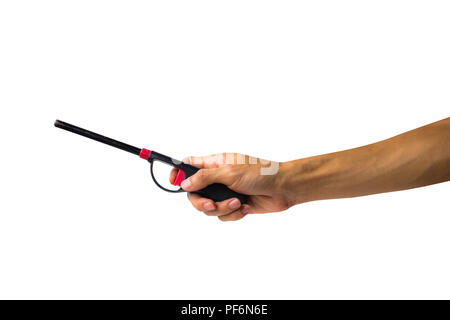 A cropped of female hand holding gas lighter gun against white background include clipping path. Stock Photo