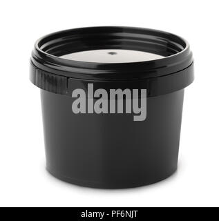 Black round plastic container isolated on white Stock Photo