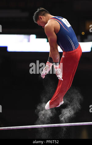Boston, Massachussetts, USA. 18th Aug, 2018. ADRIAN DE LOS ANGELES competes on the high bar during the final round of competition held at TD Garden in Boston, Massachusetts. Credit: Amy Sanderson/ZUMA Wire/Alamy Live News Stock Photo