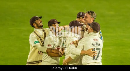 London, UK. 19 August 2018. Rikki Clarke bowling for Surrey, gets the wicket of Steven Croft,  against Lancashire on day one of the Specsavers County Championship game at the Oval. David Rowe/Alamy Live News Stock Photo