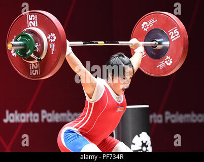 Jakarta, Indonesia. 20th Aug, 2018. Ri Song Gum of the Democratic People's Republic of Korea competes during the women's weightlifting 48kg final at the 18th Asian Games in Jakarta, Indonesia, Aug. 20, 2018. Credit: Li He/Xinhua/Alamy Live News Stock Photo