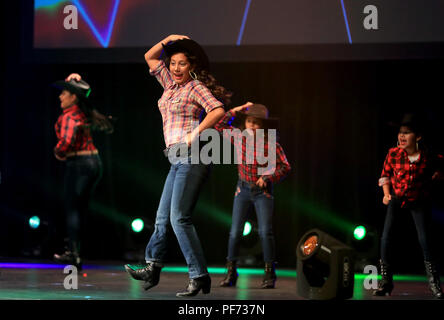 Los Angeles, USA. 19th Aug, 2018. Artists perform Mexican dance during 2018 International Cultural Angel Arts Festival & El Monte International Youth Music Festival in Los Angeles, the United States, Aug. 19, 2018. Credit: Li Ying/Xinhua/Alamy Live News Stock Photo