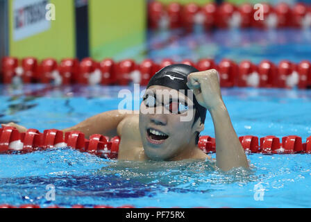 Jakarta, Indonesia. 20th Aug, 2018. Matsumoto Katsuhiro of Japan celebrates after winning Men's 4x200m Freestyle Relay Final in the 18th Asian Games in Jakarta, Indonesia, Aug. 20, 2018. Credit: Fei Maohua/Xinhua/Alamy Live News Stock Photo