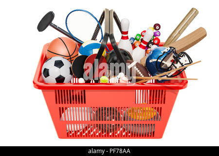 Sports game equipment in shopping basket. 3D rendering Stock Photo