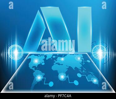 AI Letter Digital Artificial intelligence with World map cyber line digital and big data business system concept.Vector illustration EPS10 Stock Vector
