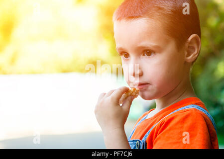 A  cute little boy who eats a piece of bread and looks away in a green city park on a summer warm day Stock Photo