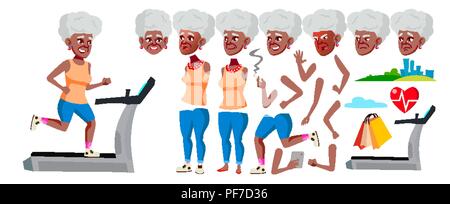 Old Woman Vector. Black. Afro American. Senior Person Portrait. Elderly People. Aged. Animation Creation Set. Face Emotions, Gestures. Active Grandparent. Poster Design. Animated. Cartoon Illustration Stock Vector