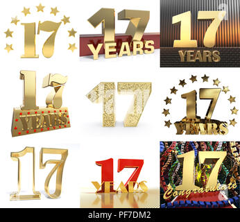 Set of number seventeen year (17 year) celebration design. Anniversary golden number template elements for your birthday party. 3D illustration. Stock Photo