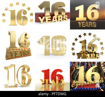 Set of number sixteen year (16 year) celebration design. Anniversary golden number template elements for your birthday party. 3D illustration. Stock Photo