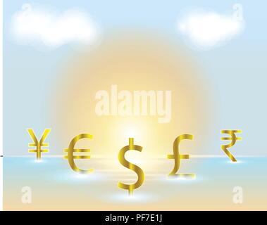 Currency symbol  Dollar,Euro,Indian Rupee,British Pound,Chinese Yuan,Japanese Yen currency business model exchange concepts on the beach. Vector illus Stock Vector