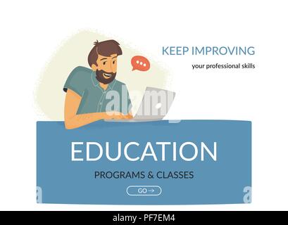 Education programs and classes. Flat vector illustration of smiling friendly man sitting on banner with laptop and enrolling in coding or financial co Stock Vector