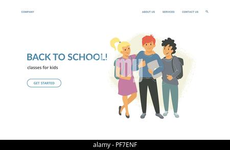 Back to school classes for creative kids. Flat vector illustration for website and landing page design of three children with thumbs up, laptops and b Stock Vector
