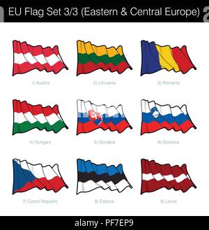 EU Waving Flag Set of Eastern n Central European States. The set includes the flags of Austria, Lithuania, Romania, Hungary, Slovakia, Slovenia, Czech Stock Vector