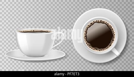 Realistic coffee cup top view isolated on transparent background. White blank mug with black coffee and saucer. Vector illustration Stock Vector